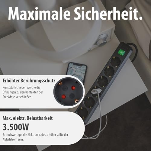 Brennenstuhl Eco-Line, Steckdosenleiste 6-Fach (Steckerleiste mit erhöhtem Berührungsschutz, Schalter und 3m Kabel) schwarz
