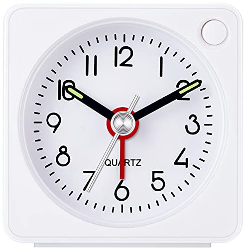 W OUTWIT Travel Analog Alarm Clock, 2.25 inch, Ultra Small Clock with Snooze and Light Function, Super Silent Non Ticking, Battery Operated, Easy Setting (White)