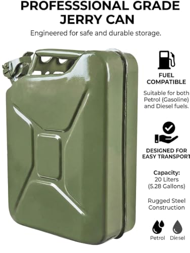 Image of SC Motors Jerry Can, 20 Litres, Metal, Green, Fuel Container with Lockable Airtight Seal PESO Approved
