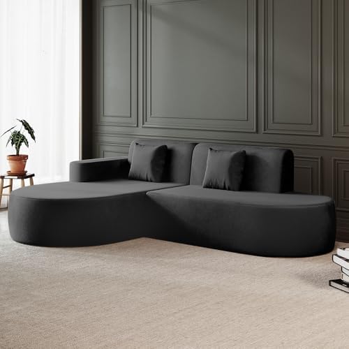 MELLCOM Modern Curved Boneless Sofa Couch, L-Shaped Corner Sofa, No Assembly Needed, Chenille Upholstered Cloud Sectional Couch for Living Room, Bedroom and Apartment (Black, Left Hand Facing) - Thumbnail 2
