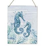 UYIKG Beach House Wall Art - Coastal Ocean Theme Wood Hanging Sign, Seahorse Decor for Bedroom Bathroom or Classroom - 8x10 Inch