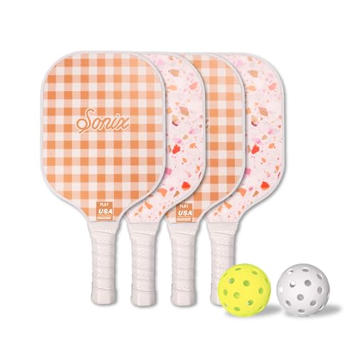 Sonix | Pickleball Paddles Set of 4 | USAPA Approved | Fiberglass Surface Pickle Ball Set with 4 Paddles, 2 Balls, & Bag (Sherbert Confetti (4))