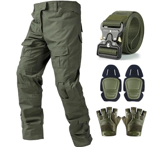 SANYETS Tactical Pants,Combat Pants with Knee Pads Belt Gloves,Military Green Pants for Men, Men's Airsoft Clothes Gear, S Size