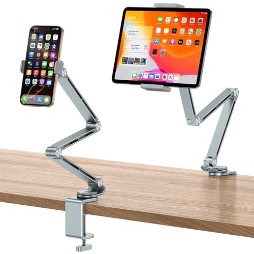 OMOTON Aluminium Tablet Halterung Tisch, 360° Drehbarer Tablet Ständer Bett, Verstellbarer Handyhalter mit Stabiler Arm, Höhenverstellbarer, kompatibel mit iPhone/iPad Pro/Tablets bis zu 12', Grau