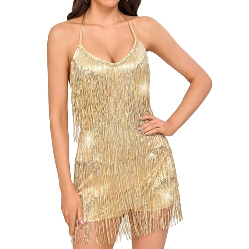 Yannspeers Womens Sequin Fringe Romper Sparkly Glitter Jumpsuit Backless Mini Shorts Dress Party Club Disco Dance Outfit Gold
