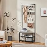 Yaheetech Industrial Coat Rack Stand with Shoe Rack, Free Standing Hall Tree with Shoes Storage Bench, 9 Movable Hooks & 3-tier Open Shelves, Metal Frame,73x33x185cm, Grey