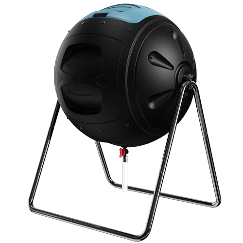 Image of 35 Gallon Tumbling Composter Bin, Heavy Duty Rotating Outdoor Garden Waste Container with Easy Drain Plug for Liquid Collection, Blue