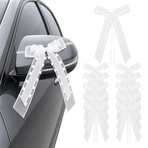 VGOODALL 50 Stück Autoschleifen Hochzeit Weiß, Satin Antennenschleifen 25x12cm für Hochzeitsauto...