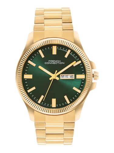 Image of French Connection Sunray Green Round Dial with Gold Stainless Steel Strap Watch for Mens - FCN0121GM