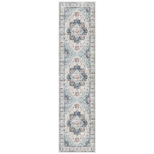 Madane Hallway Runner Rug 2'6''x10' Kitchen Runner, Non Slip Vintage Runners for Hallways Washable Kitchen Rugs Soft Low Pile 2.5x10 ft Rug Runner for Laundry Room, Entryway and Bedroom, Blue
