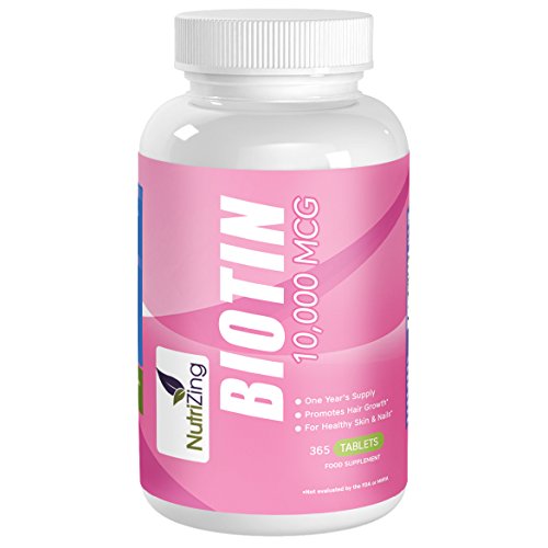 NutriZing Integratore di Biotina. Alta Concentrazione 10,000 mcg & 365 Compresse per Tutto l'Anno. Compresse di Vitamina B7 Facili da Ingerire. Contribuisce al mantenimento di pelle e capelli normali