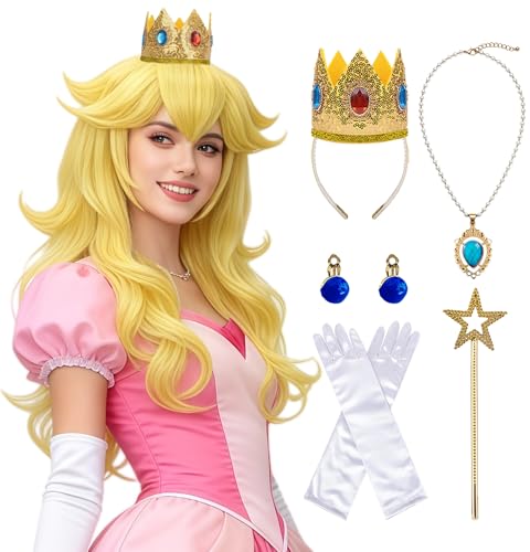 KEAT 7pcs Adults Women Golden Blonde Peach Princess Costume Wig with Accessories Crown Wand Earrings Gloves Necklace Wig Cap for Halloween Cosplay Anime Party - Pre-cut Bangs &Long Wavy Soft Hair K035