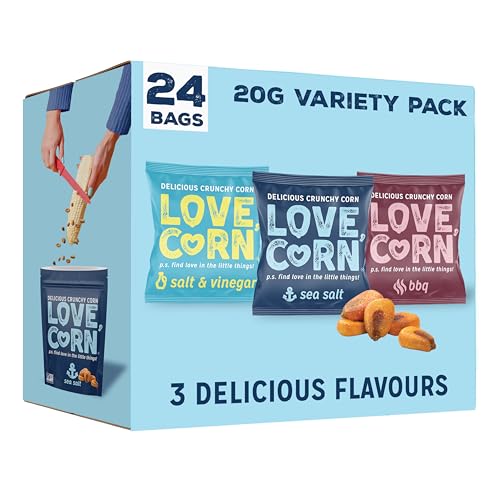 LOVE CORN Variety Pack (8x Sea Salt, 8x BBQ, 8x Salt & Vinegar 20g) – Healthy Snacks Ideal for Gluten Free & Vegan Diets – Low Sugar Alternative for Crisps, Mixed Nuts & Pretzels – Perfect To Graze On