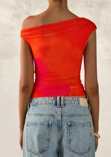 PRETTYGARDEN Women's Off Shoulder Tops 2025 Summer Floral Mesh Going Out Crop Tank Tops Asymmetrical Tight Y2K Shirts Clothes