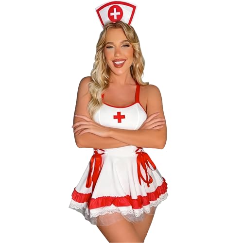 GIVTULIP Damen Sexy Nurse Kostüm Lingerie, Erotisches Cosplay Outfit Body mit Tiefem V-Ausschnitt Tanga, Rückenfreier Babydoll, Minirock & Schleife...