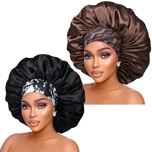 Silk Satin Bonnet Hair Cap: 2pcs 17inch Diameter Extra Large Jumbo Sleeping Satin Bonnets with Comfortable Flower Band - High Density Satin Bonnets for Women Braids Curly Night Cap(Black & Coffee)