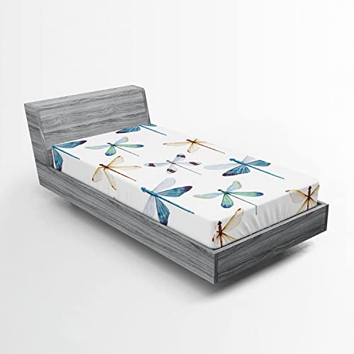 Ambesonne Dragonfly 2 Pack Fitted Sheet, Regular Lines Insects, Bed Cover All-Round Elastic Deep Pockets 2 Pieces, Package Contains 2 Twin Size Fitted Sheets, Blue and Orange
