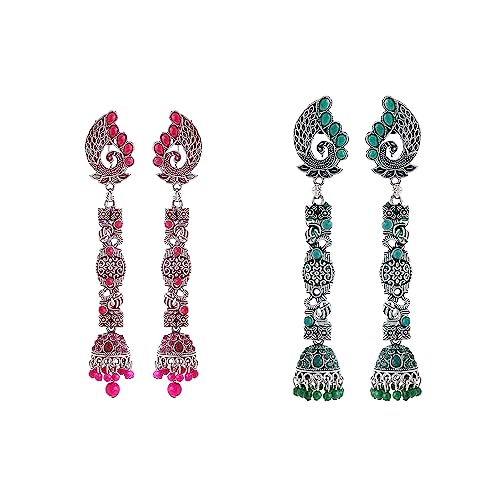 Image of Yellow Chimes Earrings for Women and Girls Traditional Silver Oxidised Jhumka German Silver Earring Set Dome Shaped Dangler Jhumki Earrings Combo | Birthday Gift For Girls and Women