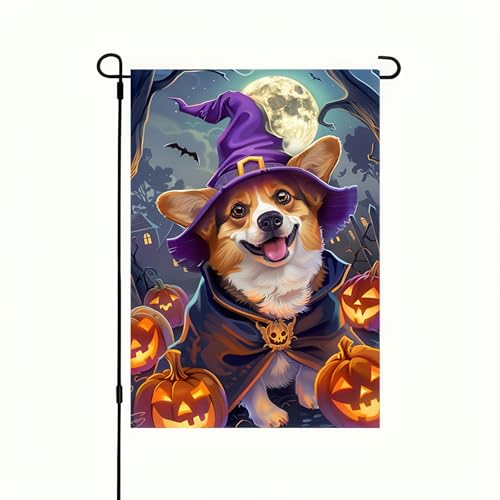 Image of Halloween Decorations Outdoor Garden Flag 12x18 Inch Double Sided Corgi Dog Witch Hat Pumpkin Fall Decor Yard Lawn Porch Patio Halloween Garden Flags