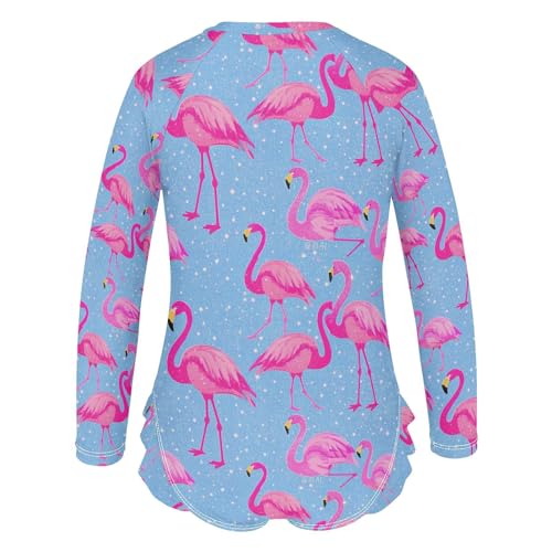 Girls Swimsuit Long Sleeve Fake Glitter Cartoon Flamingo Blue Girls Swimming Suits Toddler Bathing Suit3