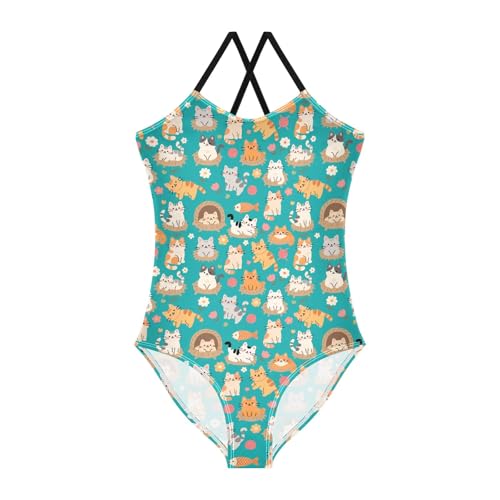 senya Girls Swimsuits One-Piece Swimwear Tie Bathing Suit Beach Summer Round Neck 7-8T Cat Yarn Ball Pattern