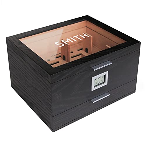 CASE ELEGANCE Monogrammed Glass Top Humidor with Thick Cedar, Easy humidification System, Accurate Digital Hygrometer - Mill, Black