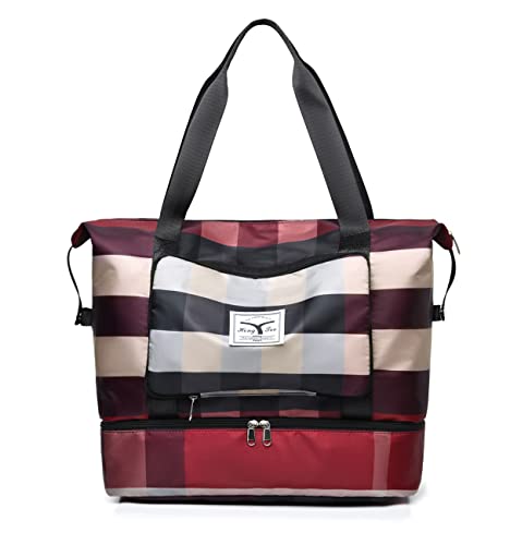 New Foldable Dry/Wet Separation Travel Duffel Bag with Shoe Compartment Large Capacity Folding Weekender Overnight Bag Lightweight Waterproof Gym Tote Bag (B-Red)