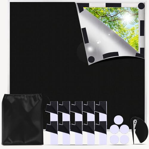 100 x 148CM Blackout Blind 100% Blackout Material Stick on Blackout Blinds for Windows Portable No Drill Black Out Blinds for Bedroom Loft RV Travel Fits Any Size Shape