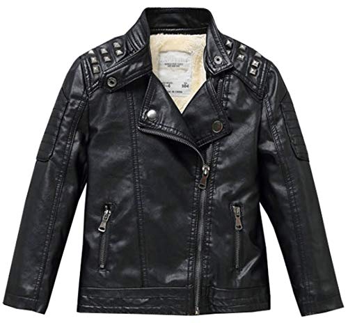 Boys Girls Spring Motorcycle Faux Leather Studded Jackets with Oblique Zipper Clothing Coat