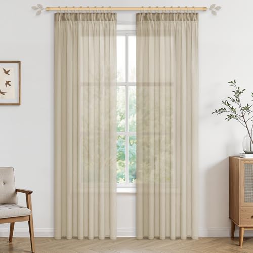 CUTEWIND Rideau Beige pour Rail Coulissant au Plafond 140x225cm (LxH) Lot de 2, Voilage Beige Bohème Léger et Élégant pour Salon Moderne, Chambre et...