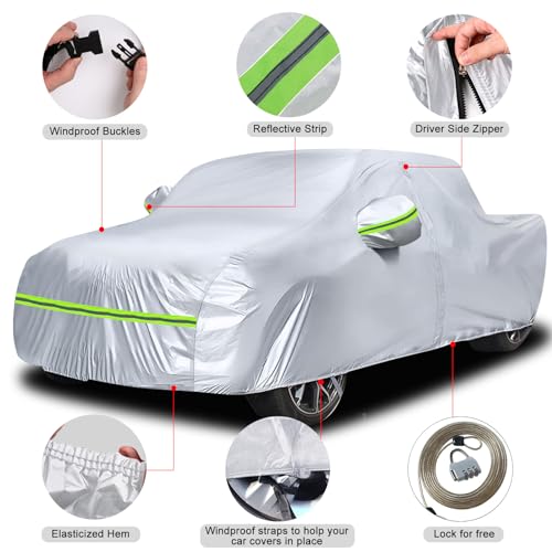 Image of Waterproof Car Covers Replace for 2005-2024 Toyota Tacoma /Ford Ranger Double Cab 5ft, 6 Layers Silver All Weather Car Cover with Zipper Door & Windproof Bands for Snow Rain Dust Protection