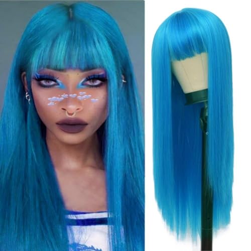 Perruque bleue longue pour cosplay et Halloween avec frange droite look naturel