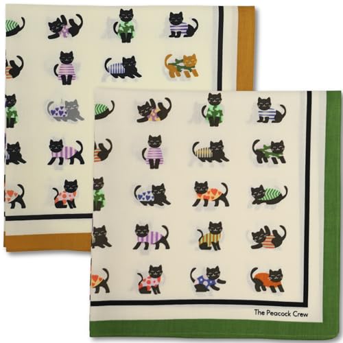 The Peacock Crew 2 Pack Meow Tropolitan Bandanas (22x22 Inch) - Cotton Handkerchiefs for Men & Women - Olive & Mustard Cat Art Set
