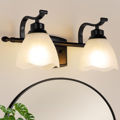 Image of Bathroom Light Fixtures (2-Light, 15 Inch), Matte Black Vanity Lights for Bathroom with White Frosted Glass Shade, Modern Vanity Wall Lights for Mirror Bedroom Living Room Hallway