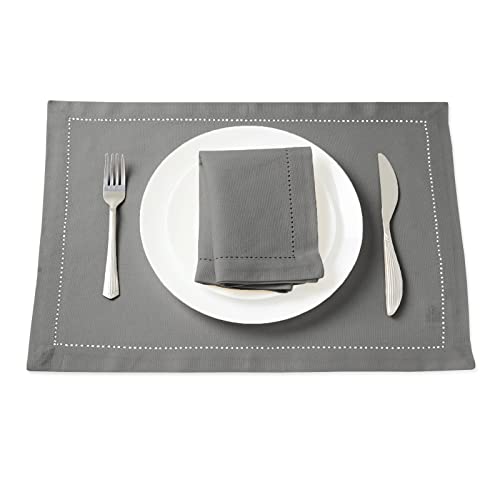 Image of Encasa Homes 100% Pure Cotton Hemstitched Dining Table Placemats of Size 48x33 cm (Rectangular) - Grey - Set of 4 | Perfect for Party, Home, Cafes, Restaurant & Hotels - Machine Washable