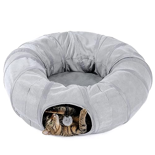 Image of PAWZ Road Donut Cat Tunnel Bed with Center Mat, Peek Hole & Hanging Balls | Large Collapsible Cat Tunnel Donut with Soft Center Mat, Peek Hole, Interactive Hanging Ball, Cat Play Tunnel for Indoor Cats