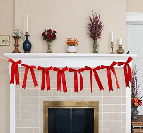 Image of Red Bow Garland Banner for Bachelorette Decorations, Coquette Birthday Wall Decor, Bow Party Decor Banner for Bridal Shower, Wedding Favors, Party Supplies, Engagement Supplies (Hot Red)