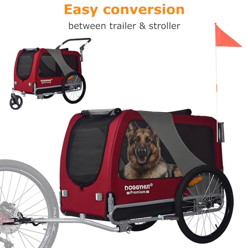DOGGYHUT® Premium XL 2 in 1 Hundefahrradanhänger & Jogger 23-45 kg Fahrradanhänger für Hunde Hundeanhänger für Fahrrad 80106 (ROT)