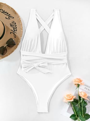 Image of Lilosy Sexy Tie Criss Cross Plunge One Piece Thong Swimsuit High Cut Brazilian Bathing Suit