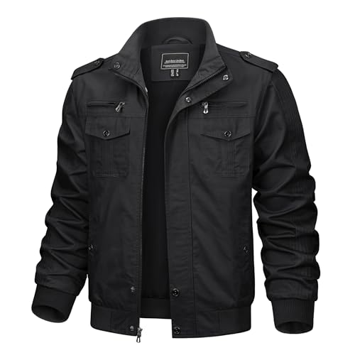TACVASEN Chaqueta de hombre para entretiempo, chaqueta de primavera, con cuello alto, cargo, militar, de algodón, chaqueta de trabajo con muchos bolsillos, Negro , M