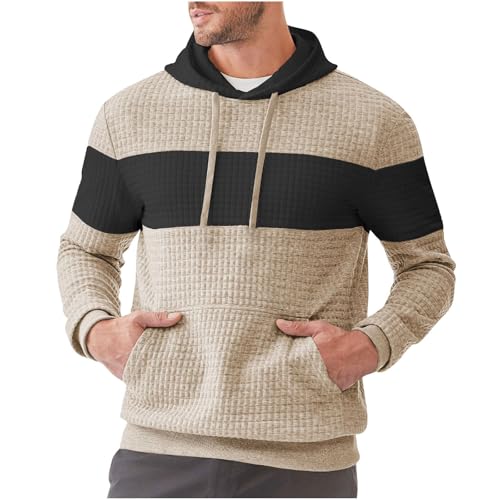 Ymosrh Men's Hoodies, Color Block Long Sleeve Casual Plaid Jacquard Pullover Hooded Sweatshirts with Pocket, M-3XL