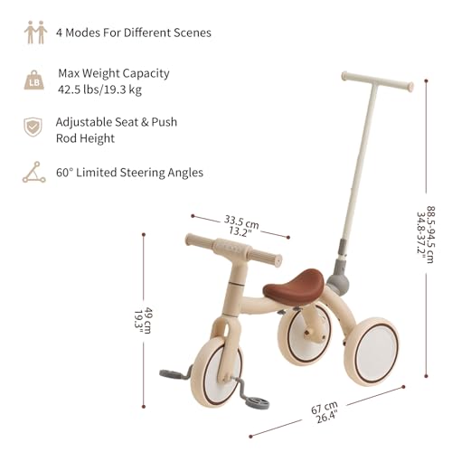 4 in 1 Toddler Tricycle with Adjustable Push Handle for 1 4 Year OldBirthday Gift and Toy for Boys and Girls Removable Pedals Balance BikeScooter Beige