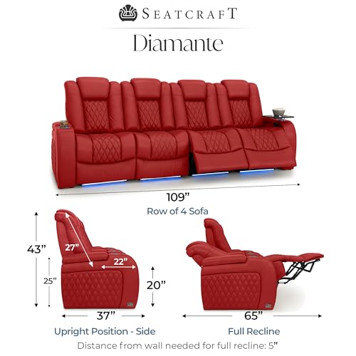 Image of Seatcraft Diamante Red Italian Leather Home Theater Seating, Zero Gravity Power Recliner Gaming and Home Office Chair, Powered Headrest Lounge Sofa Furniture for Cinema Room, Row of 4 Sofa