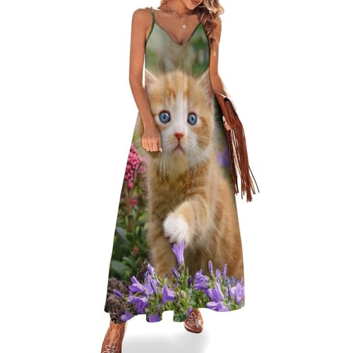 Robe maxi pour voyages et plage Chaton Adorable style bohème chic sans manches vêtement été