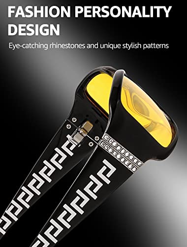 LVIOE Polarized Night Driving Glasses for Women, Rhinestone Inspired Designer Night Vision Glasses Anti Glare LN9072