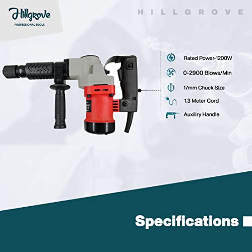 Image of Hillgrove HGCM1053M3 17mm Demolition Chisel+Hammer Concrete Breaker Drill Machine with 2 Bits for Breaking Concrete Wall /Hammer Drill 17 mm Chuck Size, 1200 W