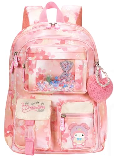 PIEAUWIE Kids Backpack for Girls Cartoon School Bag for Elementary Middle School Students Kawaii Childrens Book Bag (17inch Pink)