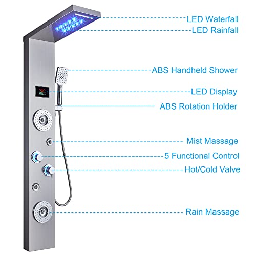Image of ELLO&ALLO LED Rainfall Waterfall Shower Head Rain Massage System with Body Jets Stainless Steel Bathroom Shower Panel Tower System, Brushed Nickel