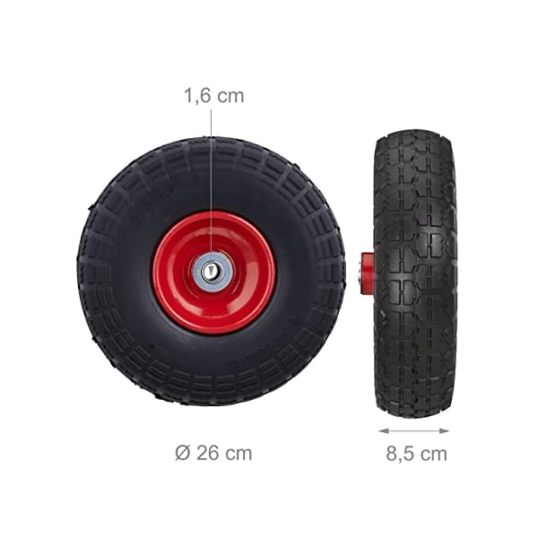 Relaxdays 2X Sackkarrenrad, pannensichere Vollgummireifen, 4.1/3.5-4", 16 mm Achse, bis 150 kg, 260x85 mm, schwarz-rot – Bild 5
