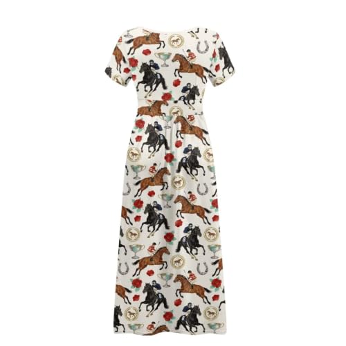Image of Women's Fall Summer Short Sleeve Ankle Length V-Neck Party Dress with Pockets Size S-3XL